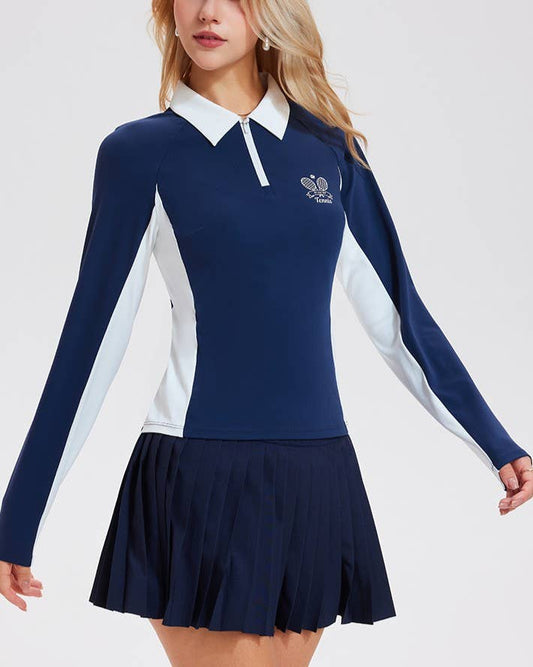 Colorblock Zip Front Tennis Slim Polo Long Sleeve Top