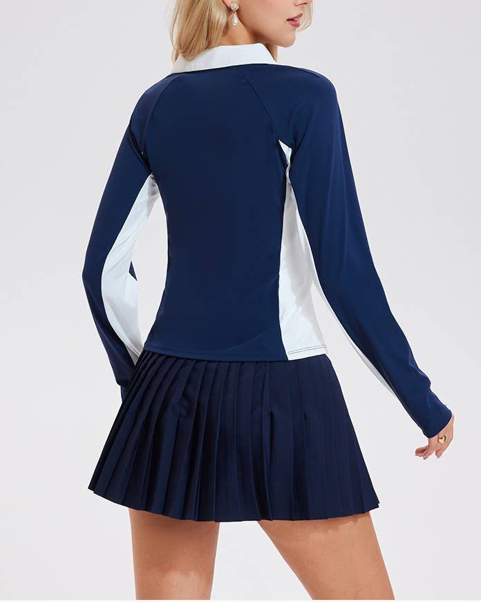 Colorblock Zip Front Tennis Slim Polo Long Sleeve Top