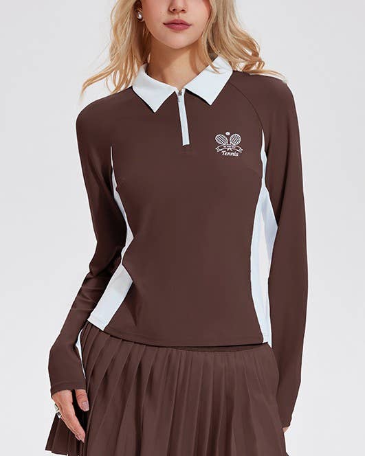 Colorblock Zip Front Tennis Slim Polo Long Sleeve Top