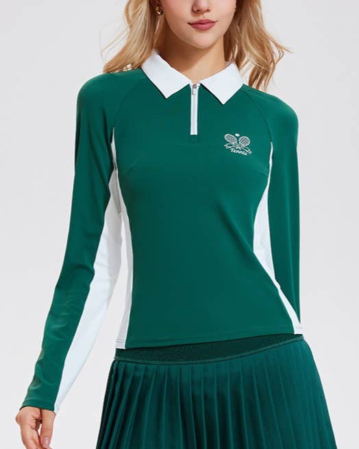 Colorblock Zip Front Tennis Slim Polo Long Sleeve Top