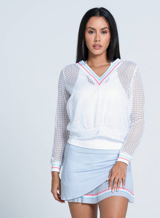 Women's Retro Stripe V-Neck Pullover - WHITE