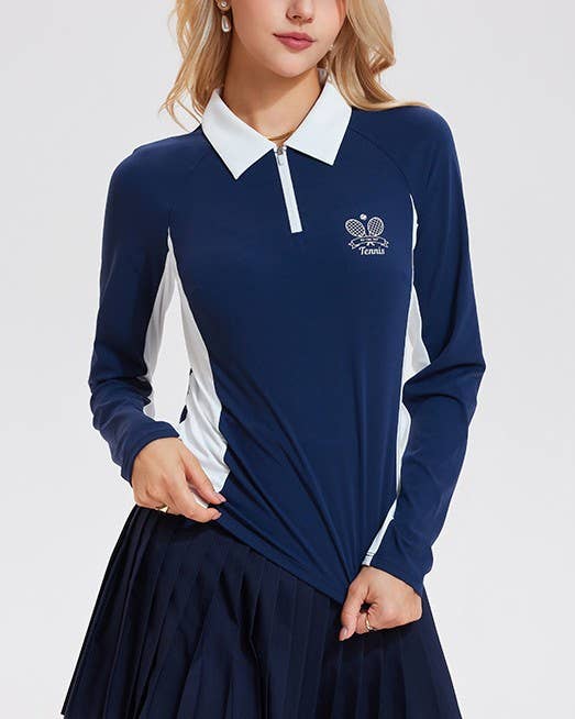 Colorblock Zip Front Tennis Slim Polo Long Sleeve Top