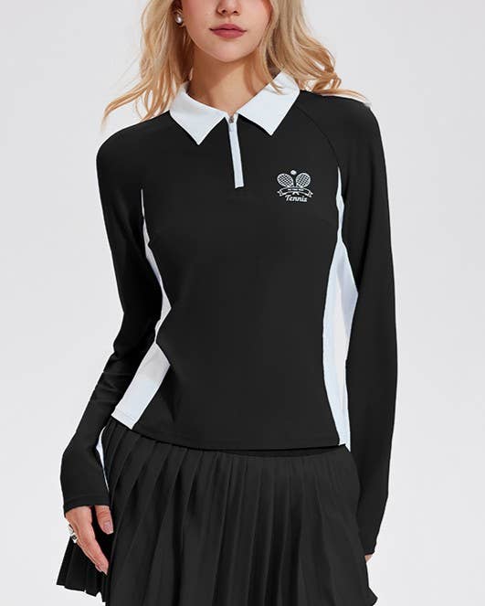 Colorblock Zip Front Tennis Slim Polo Long Sleeve Top